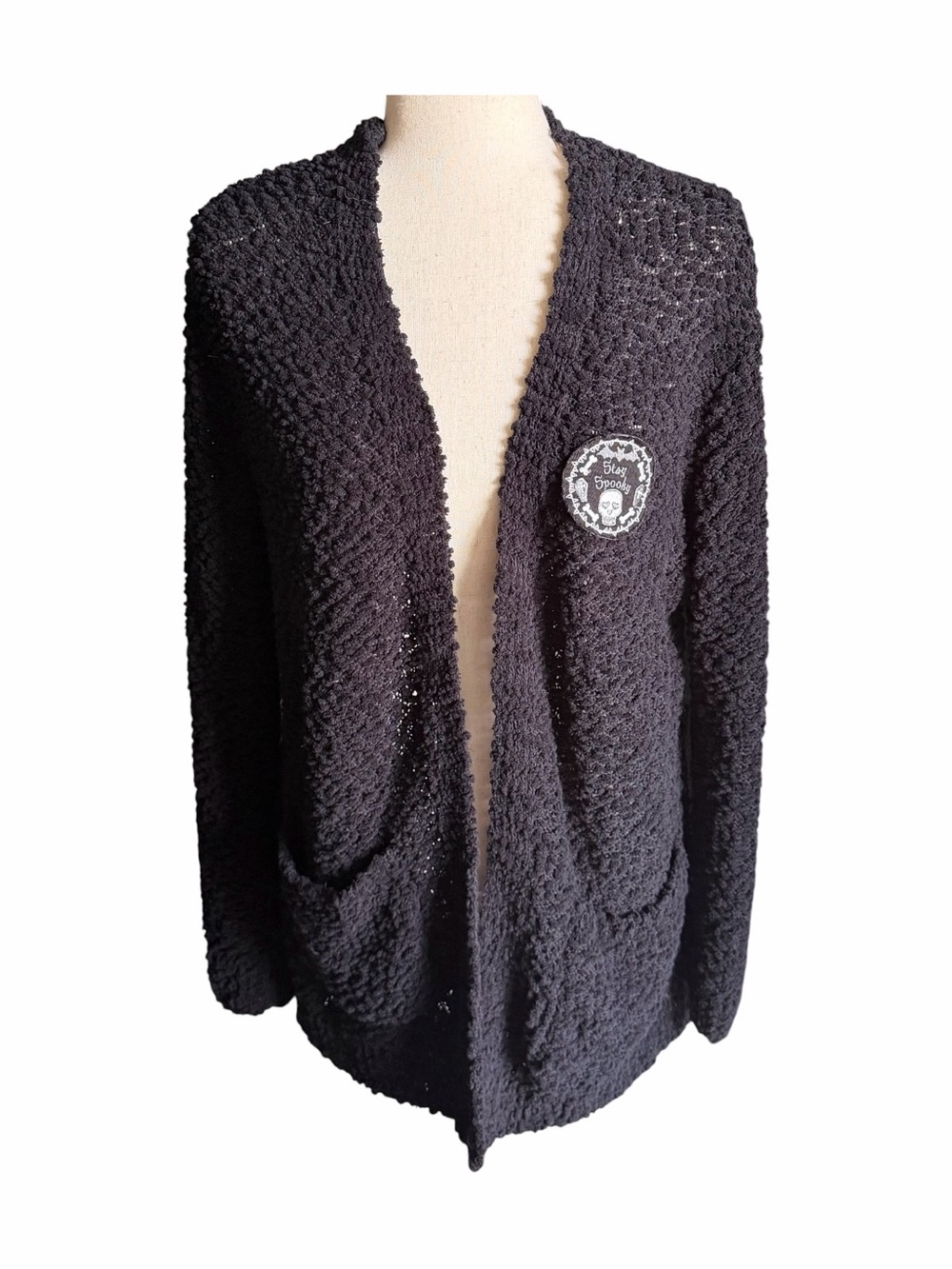 BLACK THORN-Black open front sweater with a “stay spooky” patch-small